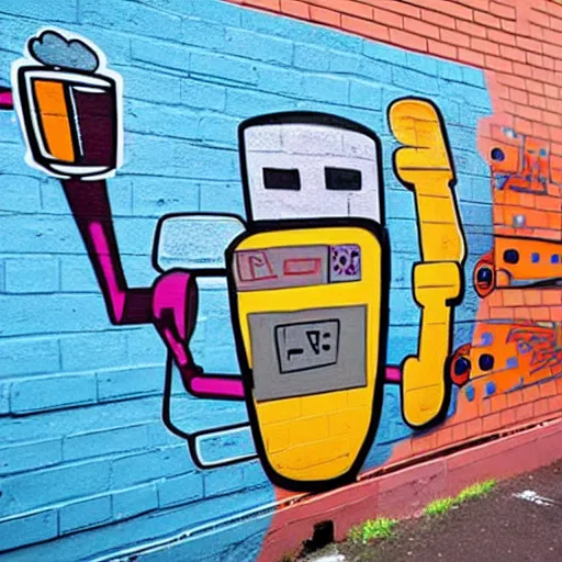 Prompt: a graffiti on a wall illustrating a robot drinking beer, award-winning