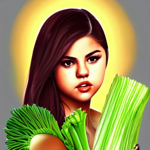 Prompt: digital painting of selena gomez as celery, hd, artstation