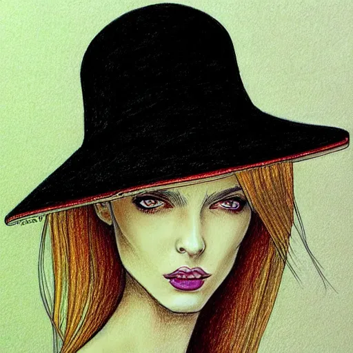 Image similar to drawing portrait of beautiful gorgeous woman with hat by Moebius science fiction