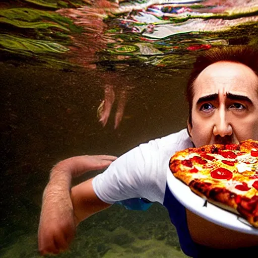 Prompt: Nicolas Cage eating pizza underwater, photograph