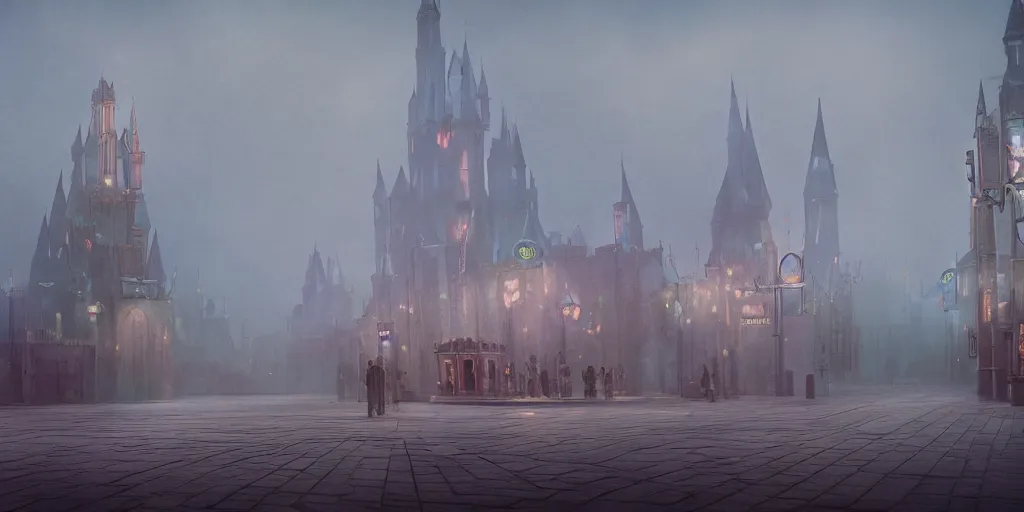 Prompt: cinematic, concept art, hyper realistic, symbolism, Orwellian Disney Land, defined architecture by Scott M Fischer, misty, foggy, depth of field, 8k, 35mm film grain, unreal engine 5 render