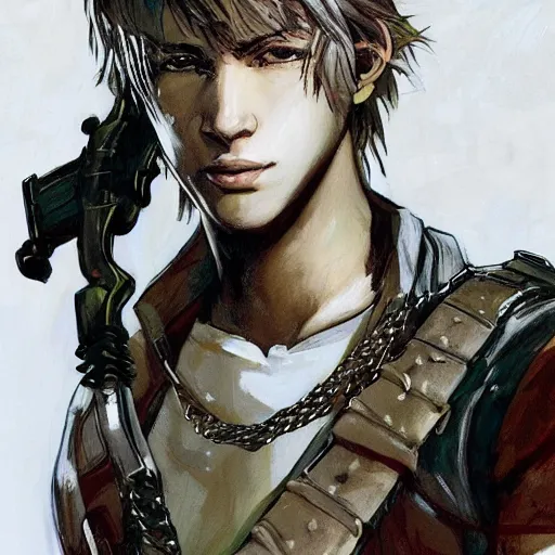 Prompt: portrait of a young white hero using his right arm to hold his sword covering his eye by yoji shinkawa, high quality, extra details, realism, ornate, colored, golden chain, blood, white skin, short hair, brown eyes, vivid, sunlight, dynamic, american man, red headband, white american soldier, painting, cybernetics, military