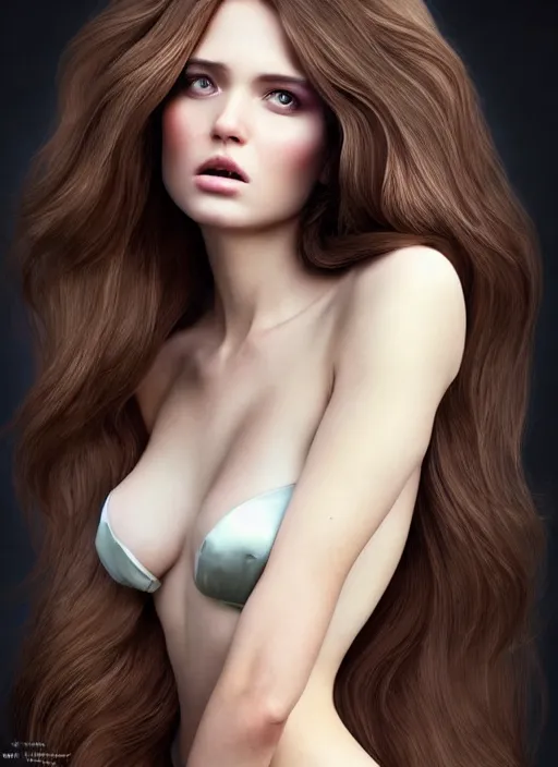 Image similar to a gorgeous female with long brown, hair photo by tim walker, realistic, full body shot, wide angle, sharp focus, 8 k high definition, insanely detailed, intricate, elegant, art by stanley lau and artgerm, floating embers