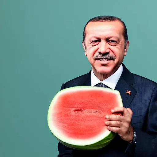 Image similar to recep tayyip erdogan smiling holding watermelon, studio photograph, hd, studio