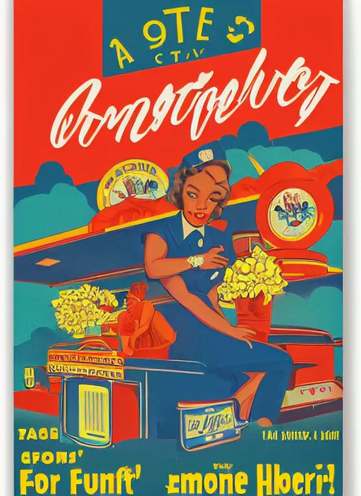 Image similar to a 1940s style state fair print poster design, digital art, designed and illustrated by Jermaine Rogers and Larent Durieux