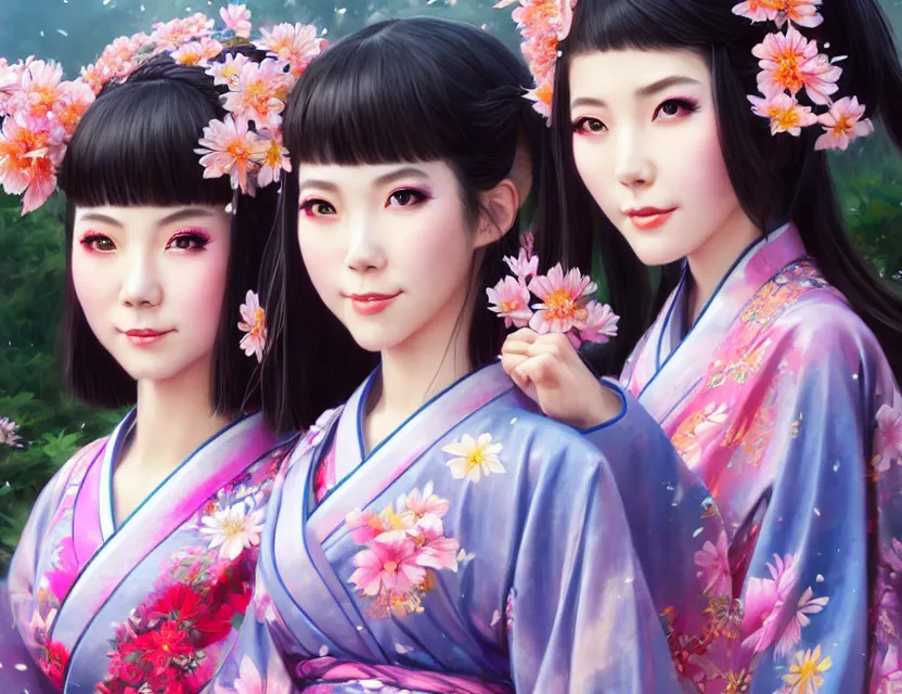 Image similar to two beautiful fashion taiwan girls wear fantasy yukata in festival | | big eyes, sunny, dreamlike art, realistic shaded, smile, good looking, fine details, 4 k realistic, cryengine, realistic shaded lighting poster by greg rutkowski, magali villeneuve, artgerm, jeremy lipkin and michael garmash and rob rey