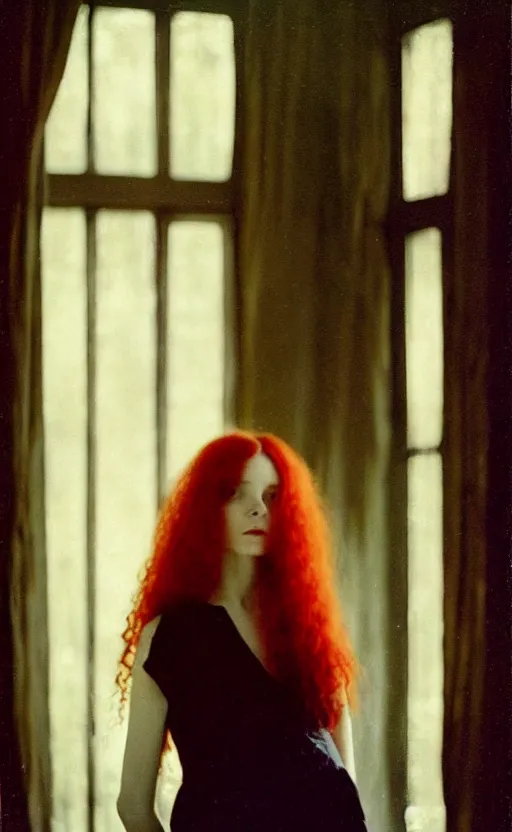 Image similar to portrait of a girl with long red hair, very beautiful style, girl standing in a black room by a window, wearing a gold suit, photorealism, andrei tarkovsky deborah lou turbeville,