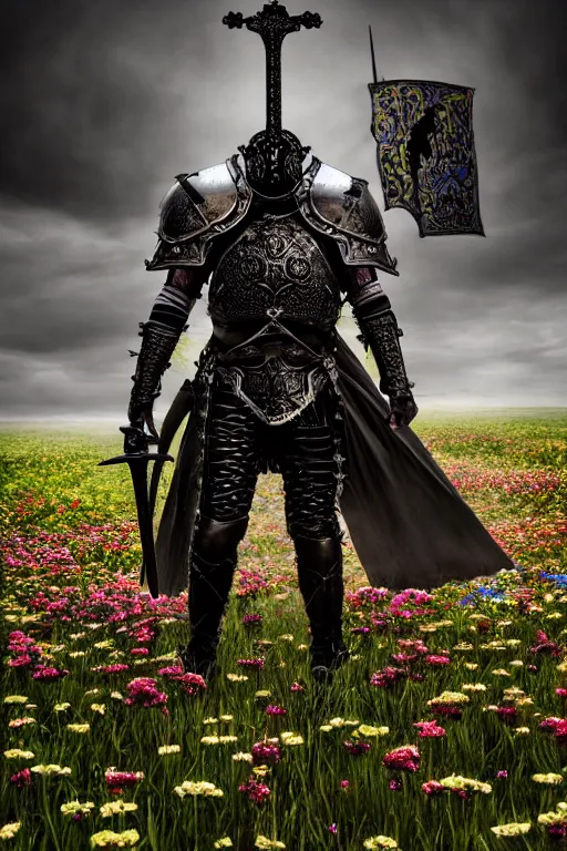 Prompt: hyperrealistic neo - gothic cinematic monster with armor holding sword in a field of flowers, highly detailed smooth digital art masterpiece, vitaly bulgarov dramatic low light, ground angle uhd 8 k, sharp focus