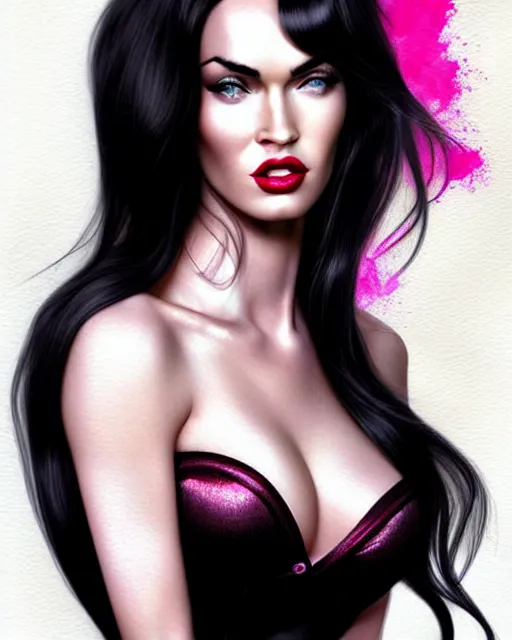 Prompt: 3 d megan fox with dark eye makeup and pink glossy lipstick, long windblown black hair, seductive camisole, pinup, intricate, glamorous fashion pose, sharp focus, illustration, highly detailed, digital painting, concept art, art by wlop and artgerm and ross tran, masterpiece, fritz willis, fine, arney freytag, charlie bowater, loish