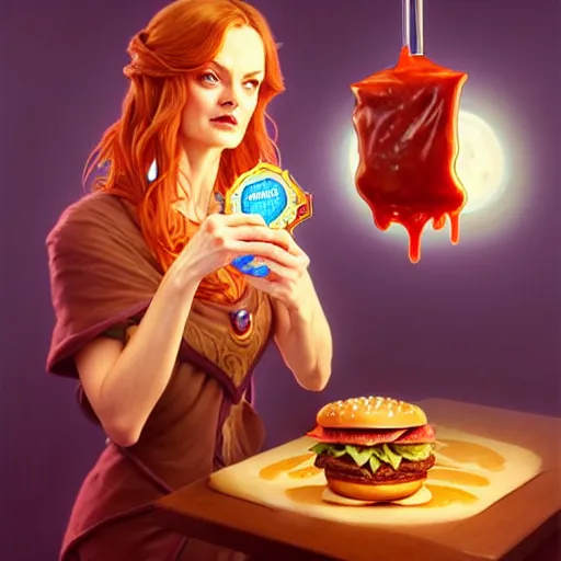 Prompt: Heather Graham Eating Big Macs, dripping BBQ Sauce, serving burgers, D&D, fantasy, intricate, elegant, highly detailed, digital painting, artstation, concept art, matte,illustration, hearthstone, art by Artgerm and Greg Rutkowski and Alphonse Mucha, simon stalenhag, hyperreal