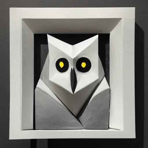 Prompt: cubist sculpture of a white owl black on white