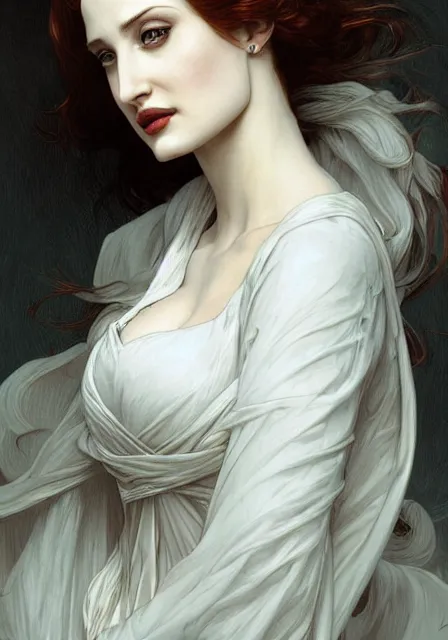 Image similar to sansa angeline jolie gessica chastain vampire, intricate, elegant, highly detailed, digital painting, artstation, concept art, smooth, sharp focus, illustration, art by artgerm and greg rutkowski and alphonse mucha and william - adolphe bouguereau