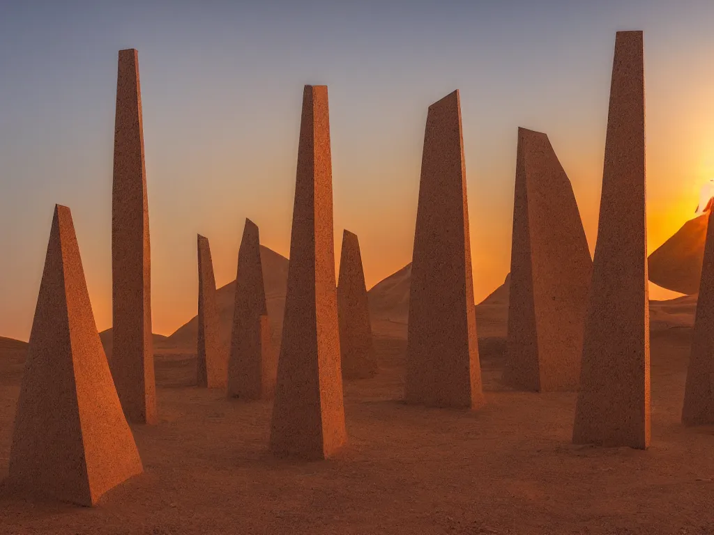 Prompt: a serene landscape of three giant, abstract, brightly - colored metallic obelisks in the desert at sunset