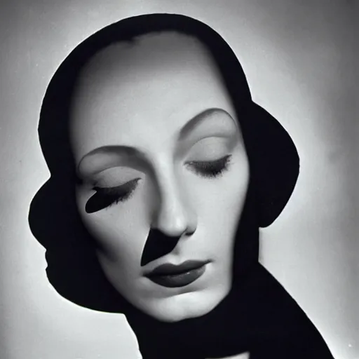 Image similar to portrait of a woman with light and shadow on her face, by dora maar and man ray and lee miller, 1 9 3 4, photography, side lighting, cinematic lighting, surrealism, golden ratio, very aesthetic, beautiful, light and shadow, masterpiece, black and white, perfect composition, tri - x 4 0 0