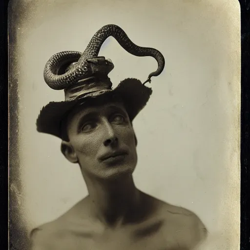 Image similar to a wet plate photo of a boa constrictor : : 1 snake : : 1 0 wearing a tiny jester hat : : 5 h 7 6 0