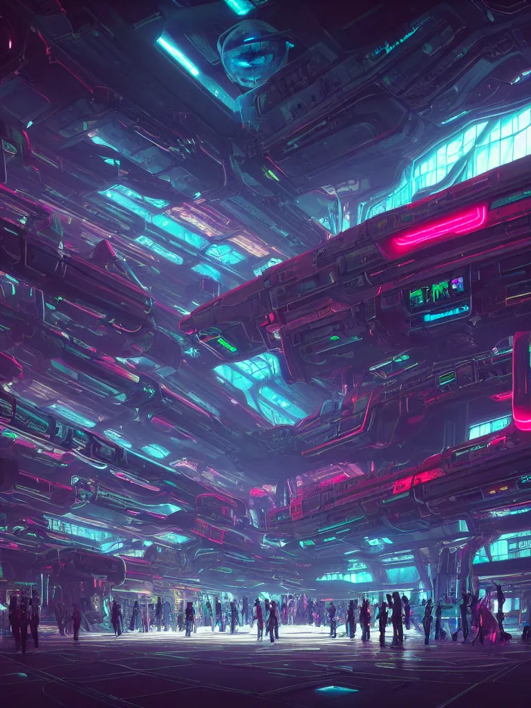 Image similar to the interior of a celestial spaceship cyberpunk hangar in a bioluminescent walls decorated beautifully, lots of cyberpunk design elements like humanoids and mecha robots, warm sunlight shining in, lots of cables and neon signs, concept art 8 k resolution, fantasy illustration, sharp focus, detailed painting, deep color, volumetric lighting, crepuscular rays