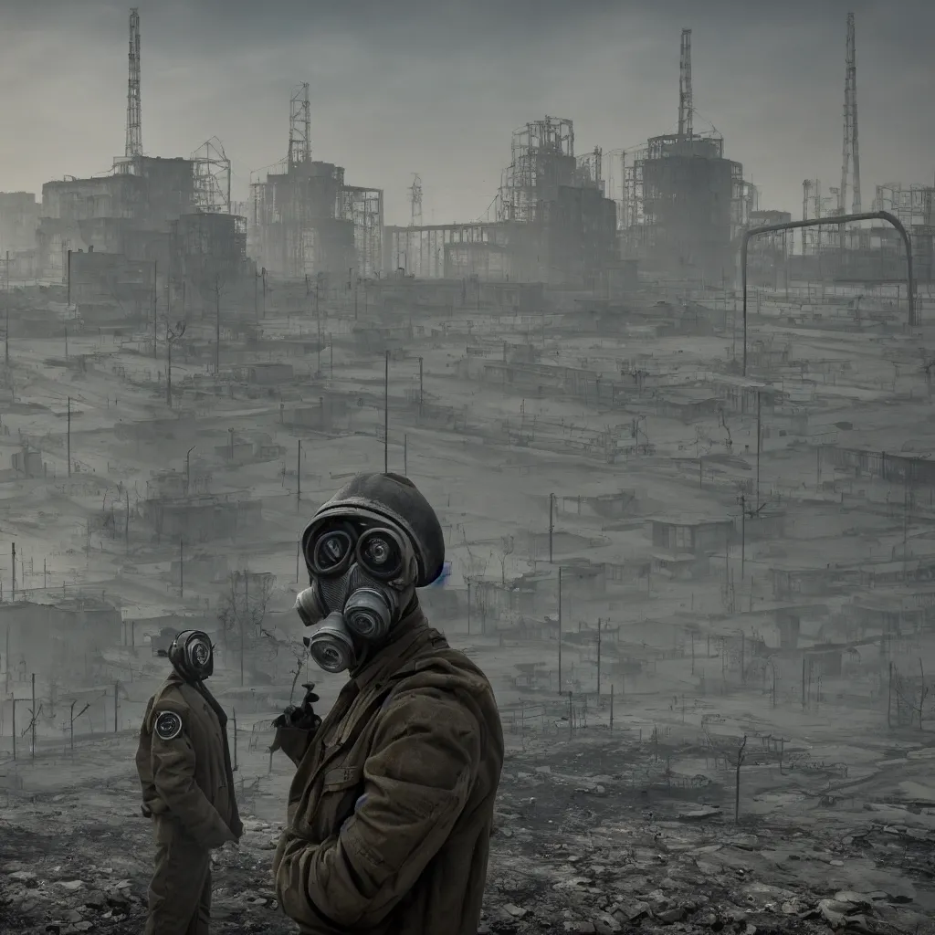 Prompt: high pollution, pripyat, chernobyl, people with gas masks, soviet brutalism, dieselpunk, industrial, futuristic, very detailed, diesel, 4 k