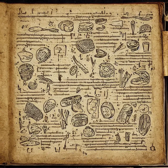 Image similar to ( ( ( ( illustrated recipe for an hamburger ) ) ) ) lot of medieval enluminures in the background explaining the recipe, found schematic in a notebook