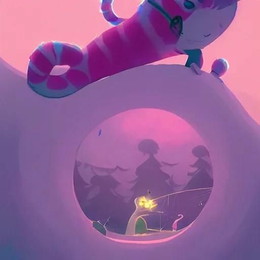 Prompt: cheshire cat, in the style of atey ghailan and james gilleard, exquisite lighting, art, very coherent, trending on artstation