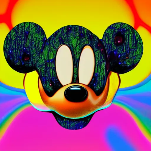 Prompt: mickey mouse head, distorted, vhs glitch, varied textures, wet, mycelium, scaly, broken, melting fractal