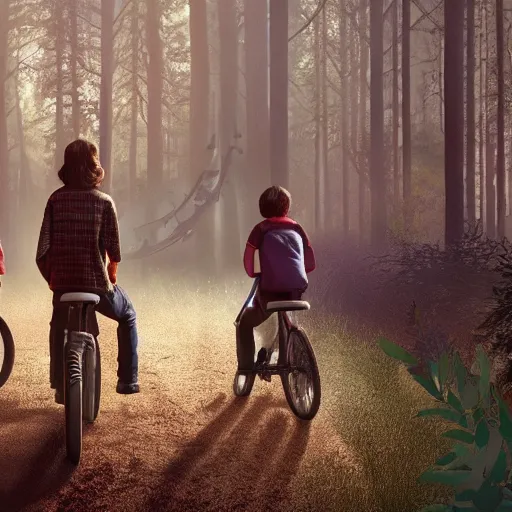 Image similar to stranger things kids riding into woods, adam adamowicz illustration character design concept, unreal 5, d