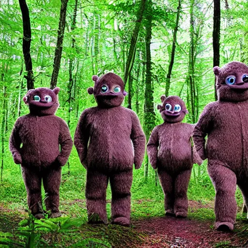 Image similar to photo of feral cryptid sasquatch teletubbies in the woods