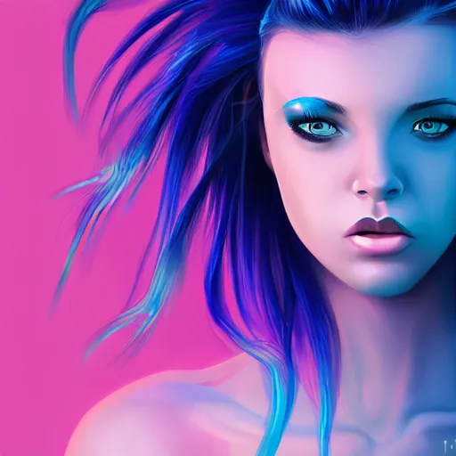 Image similar to a stunning upper body portrait of a beautiful young woman wearing futuristic navy blue and teal battle bodyarmor, ombre purple and pink hairstyle, hair blowing in the wind by marvel comics, digital art, trending on artstation