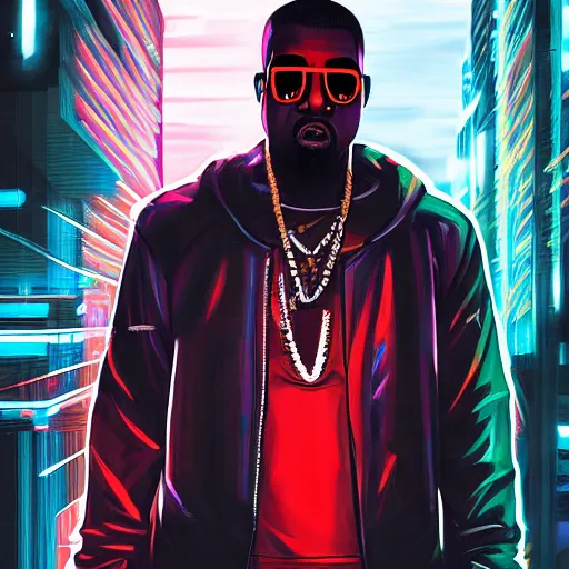 Prompt: cyberpunk kanye west character art, epic background, epic composition, hdr, full body gauche painting, arcane art style