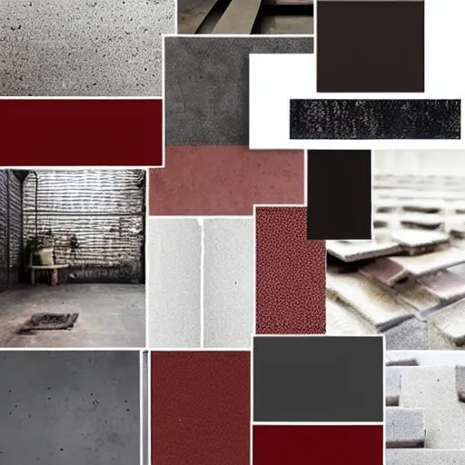 Prompt: material mood board combining concrete, red painted metal, aged oak, plants, dark grey carpet, collage, architectural finishes, pinterest, trendy, expressive, warm, eye catching, interior design, industrial design, samples, paint, carpet, wood, plants