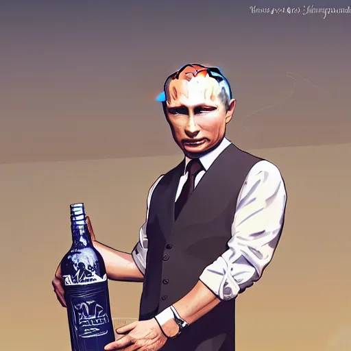 Prompt: vladimir putin wearing a sexy dress and holding a bottle of arak, cinematic, beautiful digital painting, hyper detailed