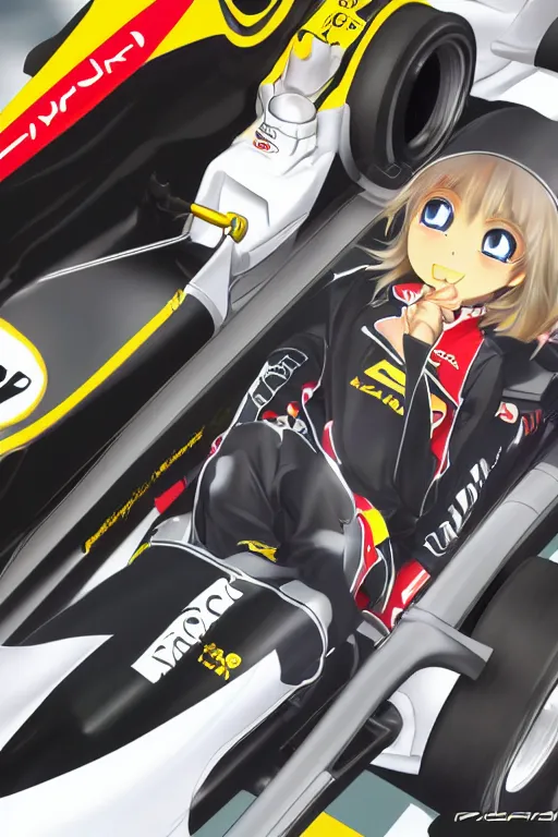 Prompt: nazrin driving a f 1 car, anime