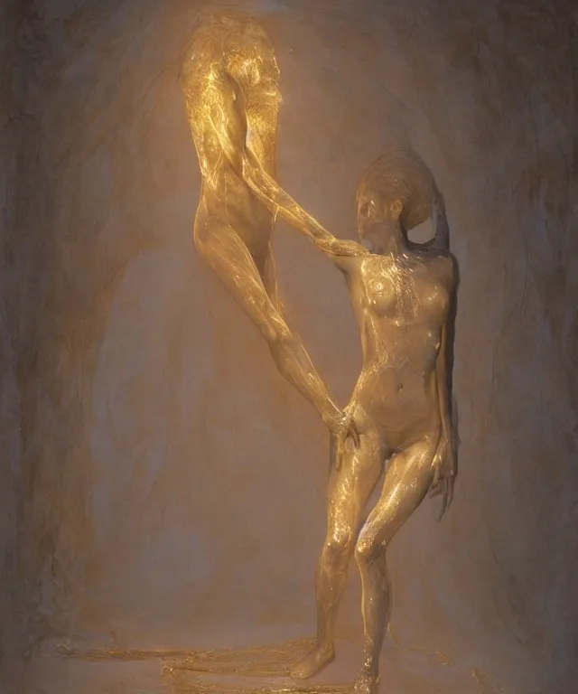 Image similar to Beautiful full-body wax sculpture of a glowing transparent woman with visible golden bones inside room without doors and windows in the singularity where stars becoming baroque folds of dark matter by Michelangelo da Caravaggio, Nicola Samori, William Blake, Alex Grey and Beksinski, dramatic volumetric lighting, highly detailed oil painting, 8k, masterpiece