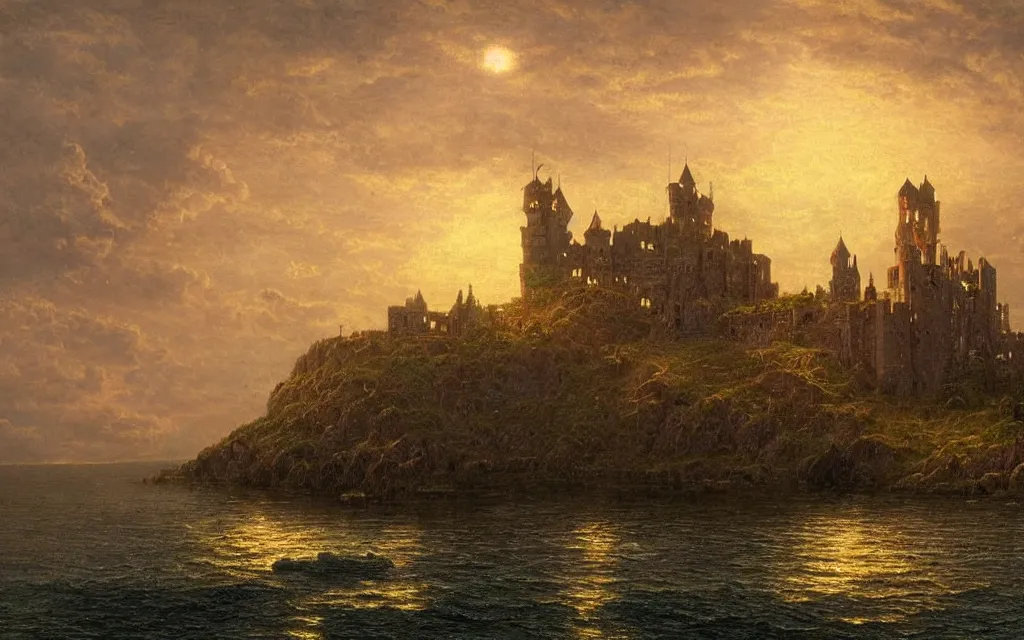 Prompt: large royal medieval castle at dusk, on a hill, small town surrounding, steampunk, ocean in the distance, cinematic lighting, intricate ink illustration, by albert bierstadt, highly detailed