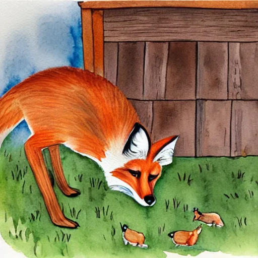 Image similar to fox in a hen house, watercolor illustration,