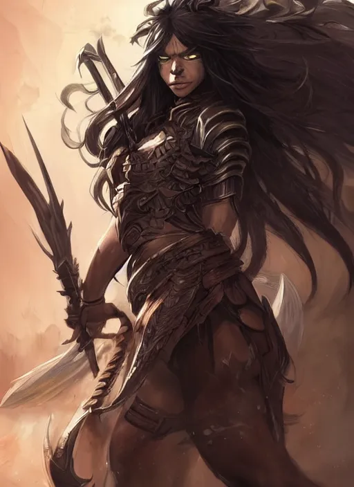 Image similar to beautiful warrior lady, black long hair, practical armor, brown skin, demonic eyes, low fantasy, extremely detailed, sharp focus, smooth, digital illustration, by rossdraws, frank franzzeta, sakimichan