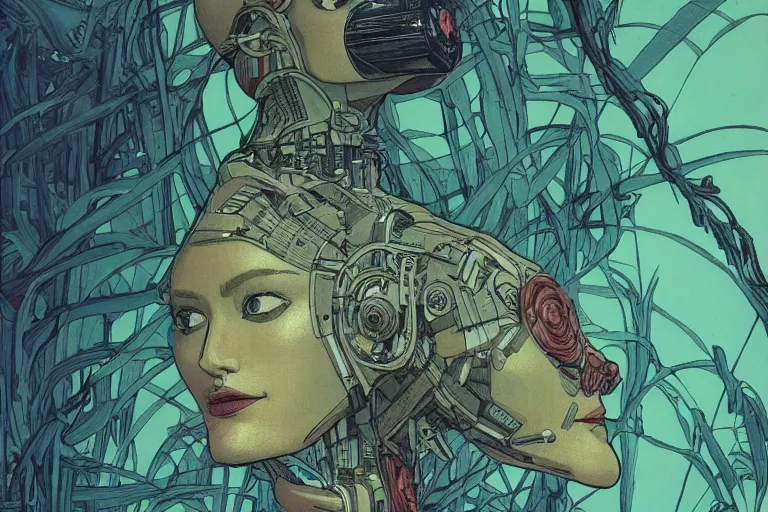 Image similar to gigantic robot - girl head floating in the space, a lot of exotic plants, trees, flowers, oldschool vintage sci - fi flat surreal grainy design, super - detailed, drawing by moebius, hd, 4 k, high quality