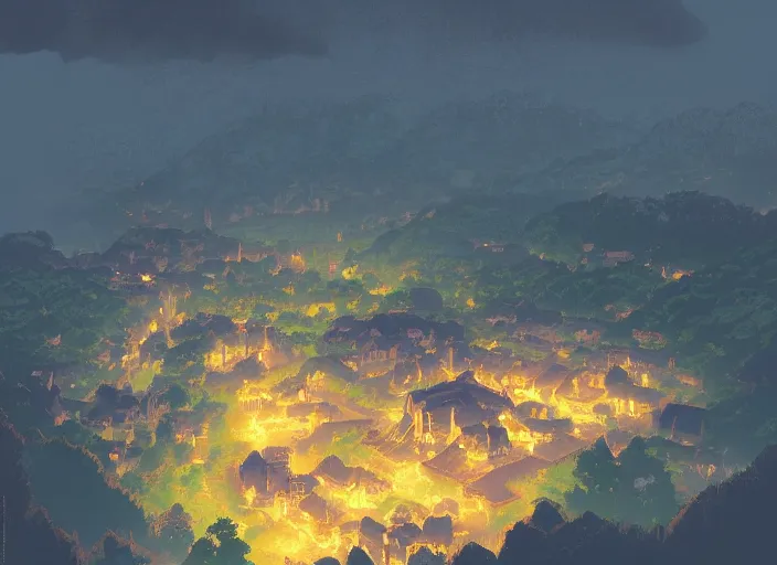 Image similar to concept art painting of a distant small woodland village at midnight, by a river in a mountain valley seen from above, night time, european japanese buildings, cel shaded, realistic, by makoto shinkai and moebius and anton fadeev and greg rutkowski and james gurney