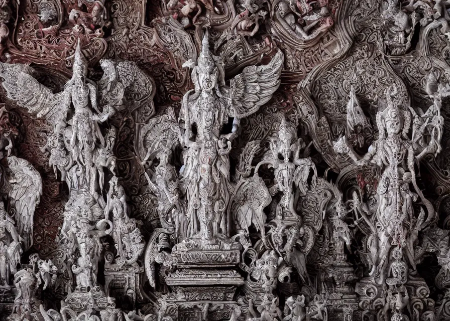 Prompt: blood temple, hindu ornaments, baphomet statue at the center surrounded by angel statues, film still, 4 k, symmetry, award - winning photography, 1 2 0 mm