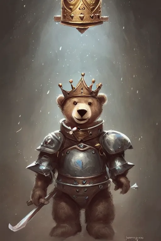 Image similar to cute little anthropomorphic bear knight wearing a cape and a crown, tiny, small, miniature bear, baby animal, short, pale blue armor, cute and adorable, pretty, beautiful, DnD character art portrait, matte fantasy painting, DeviantArt Artstation, by Jason Felix by Steve Argyle by Tyler Jacobson by Peter Mohrbacher, cinematic lighting