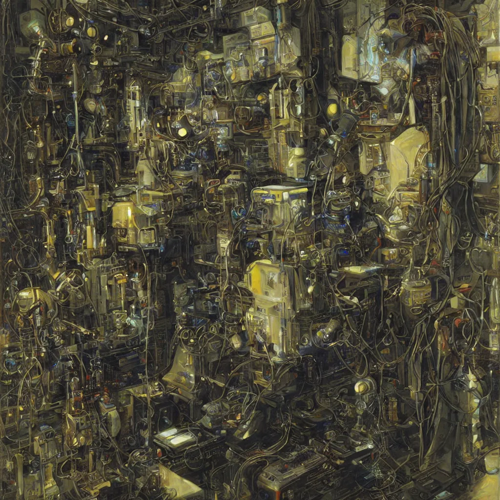 Image similar to painting by donato giancola, portrait of a cyberpunk technician engineer