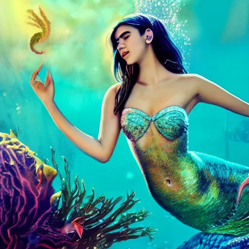 Image similar to Dua Lipa as a mermaid, underwater, colorfull, high detail, cinematic, digital art