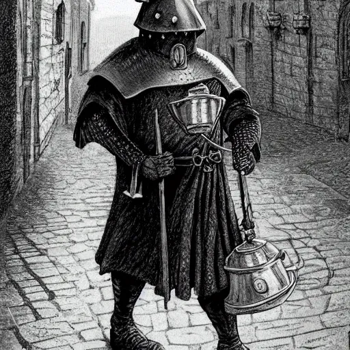 Prompt: fantasy art of an old, world weary medieval guard in the city watch, wearing a grey coat, wearing hobnail boots, wearing a kettle helm and walking down a cobbled road in a small medieval town