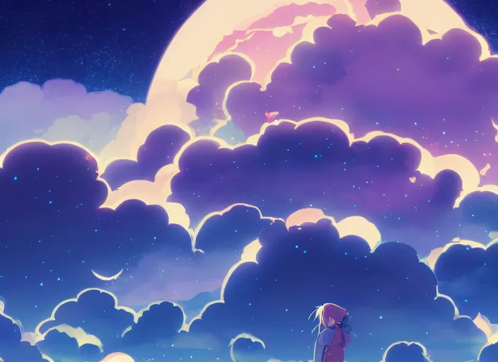 Image similar to illustration night sky clouds multiple moons | | anime key visual, official media, illustrated by wlop, extremely detailed, 8 k, trending on pixiv, cinematic lighting, beautiful