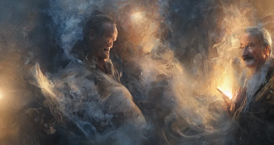 Prompt: robin williams as god, heavem, portrait, intricate, detailed, volumetric lighting, scenery, digital painting, highly detailed, artstation, sharp focus, illustration, concept art, ruan jia, steve mccurry