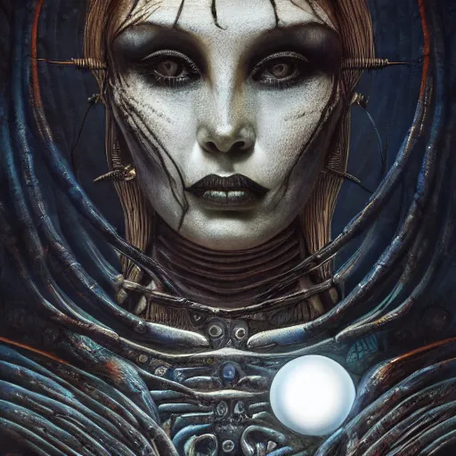 Image similar to a freaky goddess with a dark moon in the far distance behind her by H.R Giger, Ultra High Quality, beautiful, eerie, outstanding, trending on artstation, 8k, 3d render, octane render, intricately detailed artwork, full 8k high quality resolution, recently just found unknown masterpiece