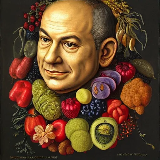 Image similar to portrait of benjamin netanyahu made of fruits vegetables and flowers, by giuseppe arcimboldo