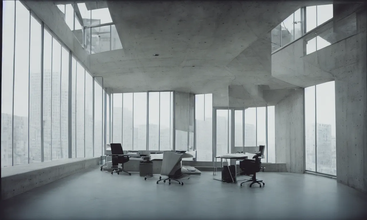 Prompt: inside of big modern designer's office, architecture, window, concrete, steel, glass, ground level camera view, 35 mm, kodak ektachrome