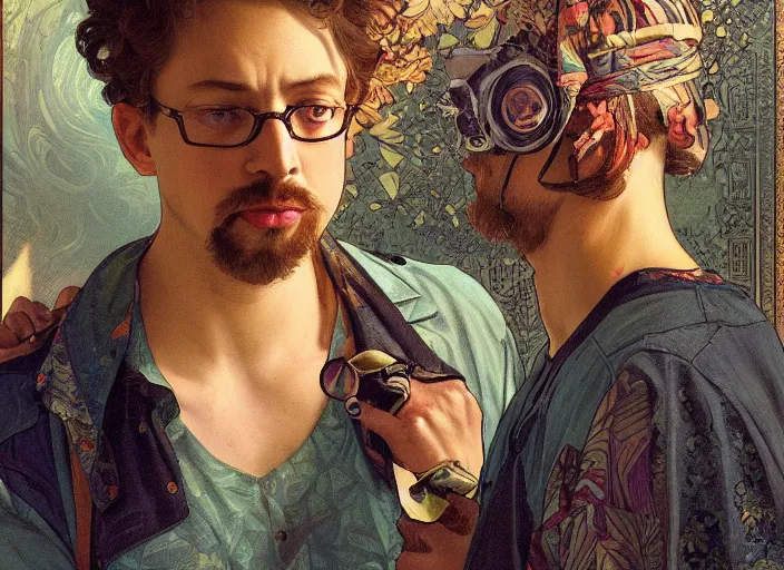 Image similar to Sam Hyde wearing luxuruous hawaiian vintage shirt, rule of thirds, accurately portrayed, portrait art by alphonse mucha and greg rutkowski, highly detailed, digital painting, concept art, illustration, ethereal lighting with twilight rays of sunlight, trending on artstation, very detailed, smooth, sharp focus, octane render, close up