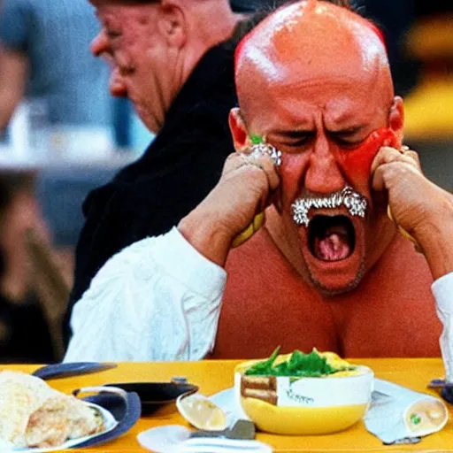 Prompt: hulk hogan crying and eating food,