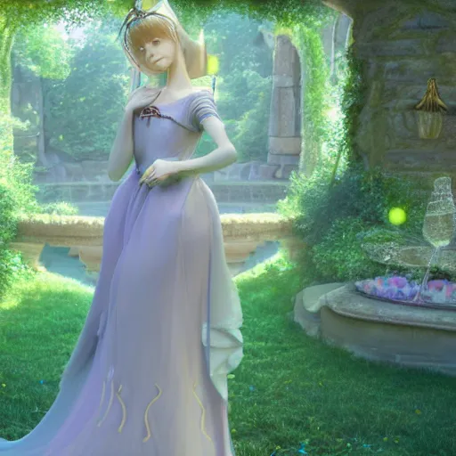 Image similar to a very detailed, ultra-realistic, pleasant, beautiful, funny, smooth 3D CG render, semirealistic anime style, close-up of a gorgeous, cute, gentle, noble priestess magician princess girl wearing dress and jewelry, in a glorious magic kingdom with castle and walls, relaxing calm vibes, fairytale, octane render